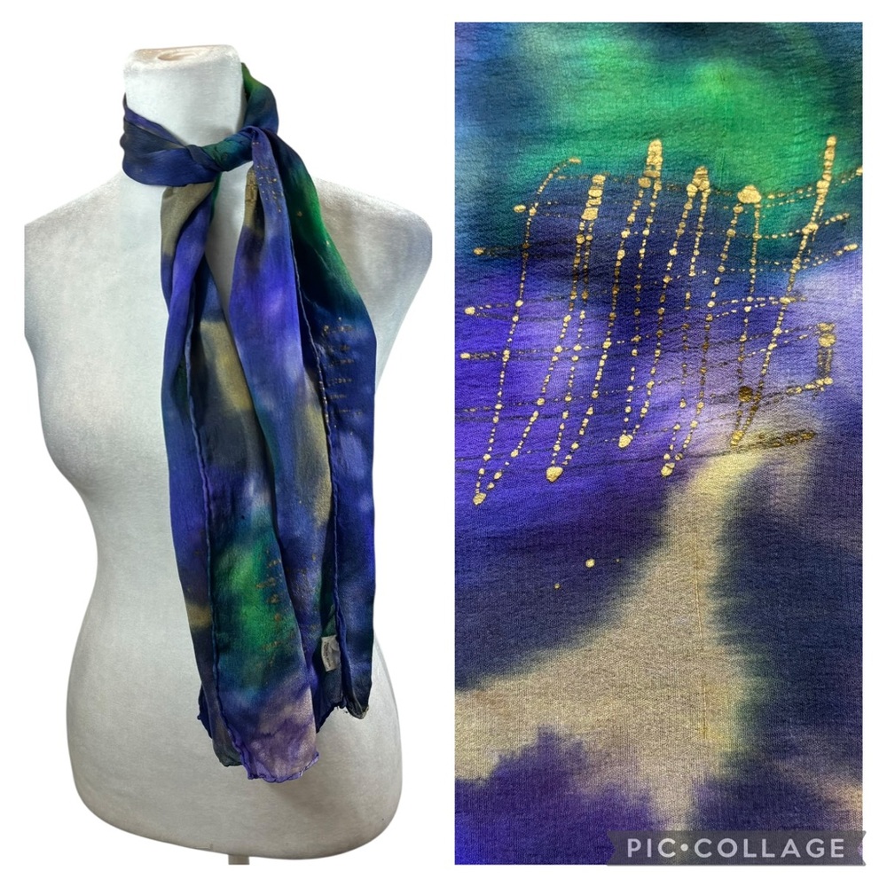 Ladies 100% Silk Purple, Green and Gold‎ Dyed Scarf